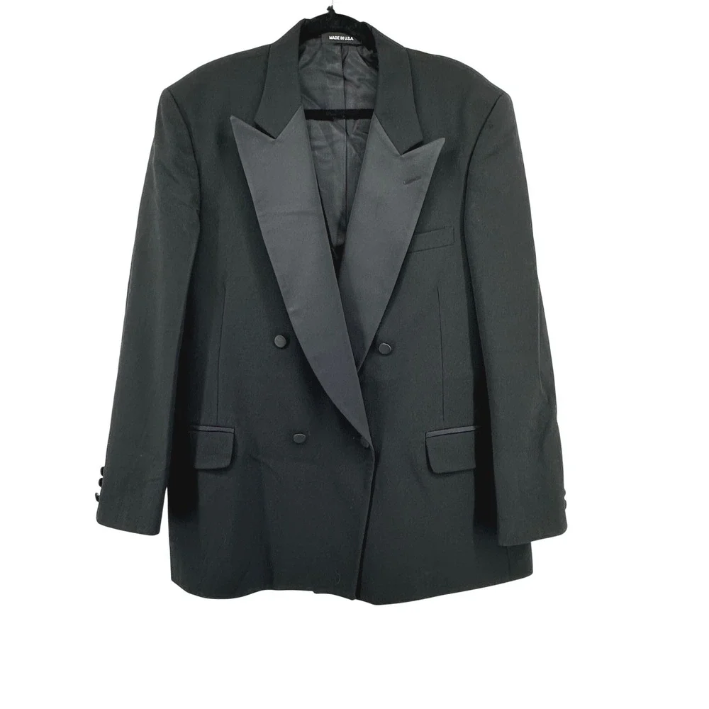 Tuxedo Jacket Mens 44R Black Double Breasted Peak Lapel Made in USA
